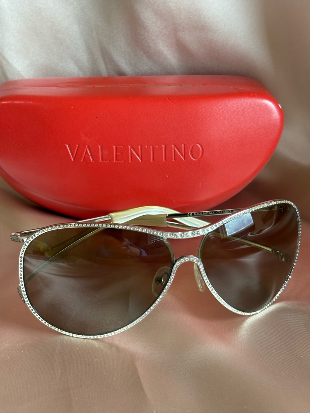Valentino Silver Crystal-Trim Aviator Sunglasses with Brown Lenses excellent